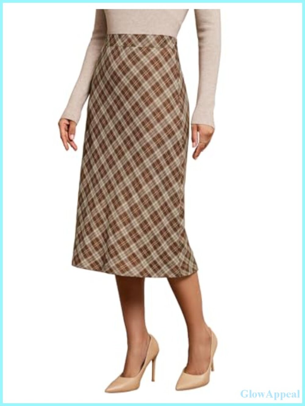 Plaid Midi Skirt High Waisted A-Line Elastic Waist Office Fall